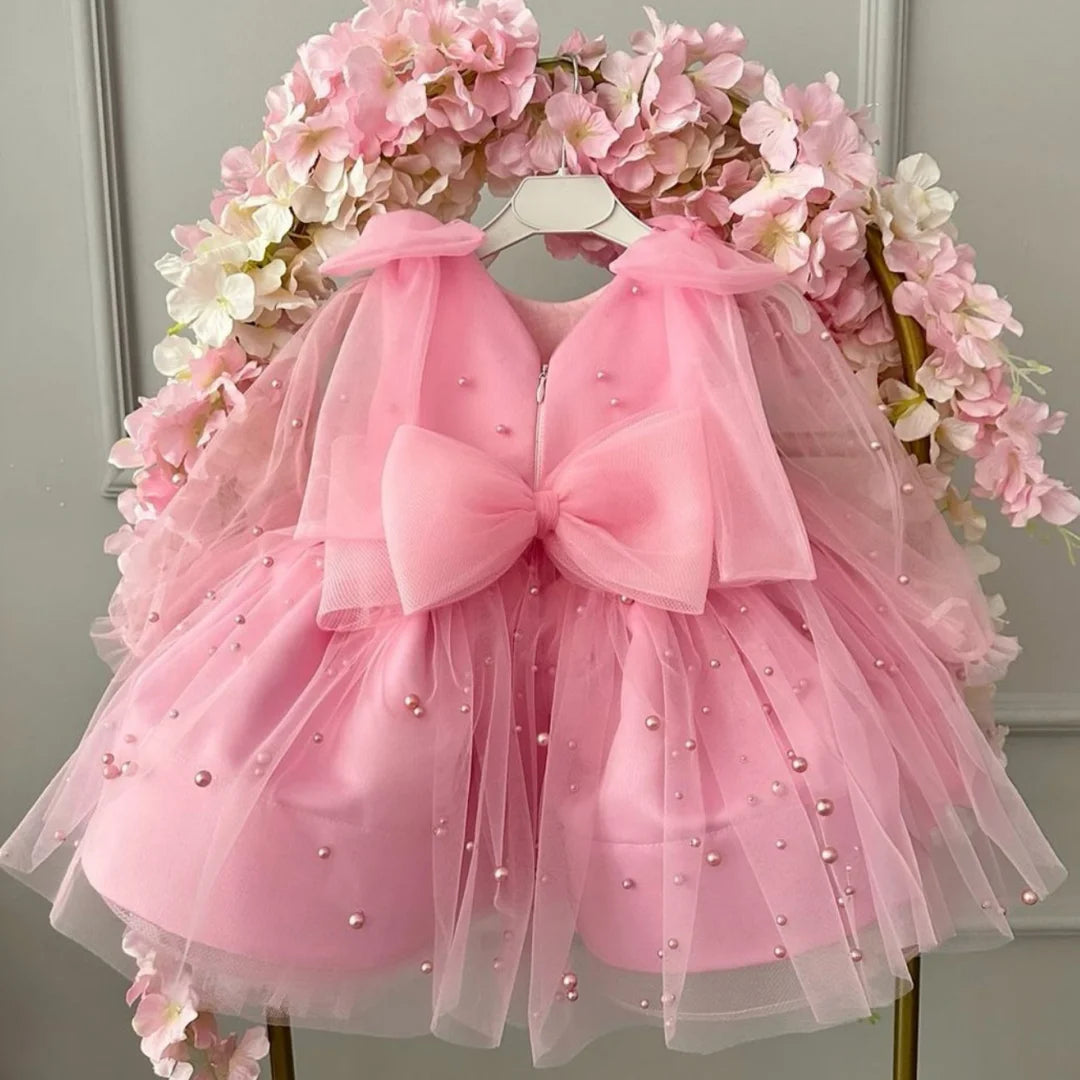 Girls Bow Design Long Sleeve Tulle Gown for Party/Wedding childrensterritory
