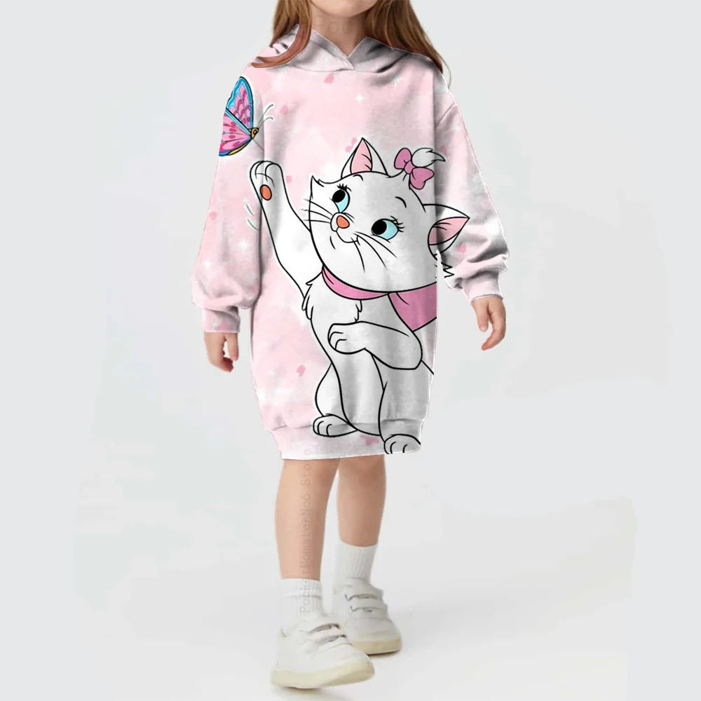 Kids Girls Cute Cat Print Casual Hoodie Dresses