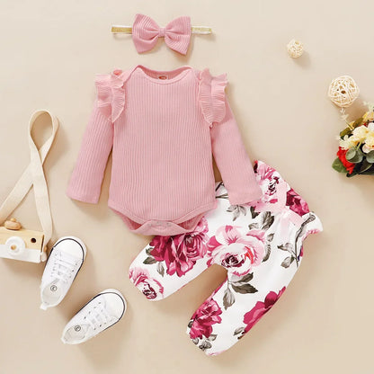 3Pcs Newborn Girl Bodysuit, Bow, Floral Pants Clothing Set childrensterritory