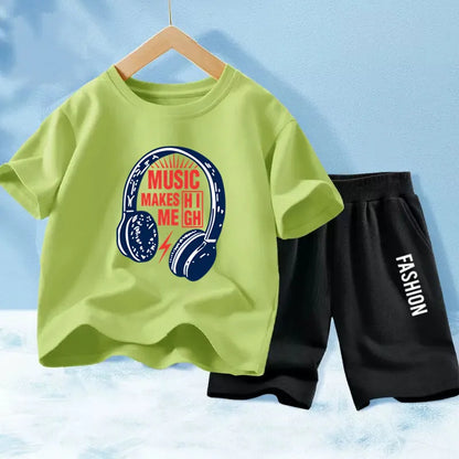 Kids Boys Music Headset Print T-shirt and Shorts Set childrensterritory