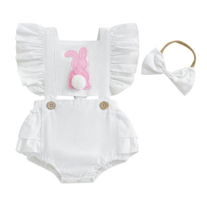 Bunny Embroidered Easter Outfit Set for Baby Girls, 2 Pieces