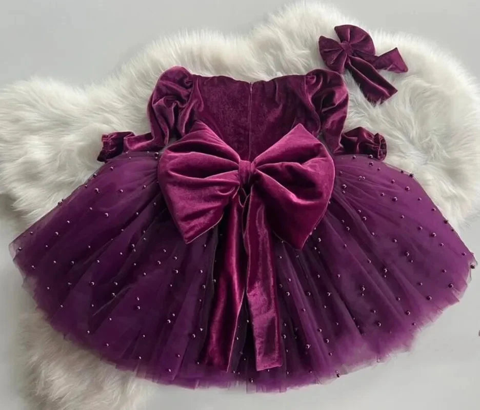 Little Girls Long Sleeve Bow-Decorated Velvet Tutu Party Dresses