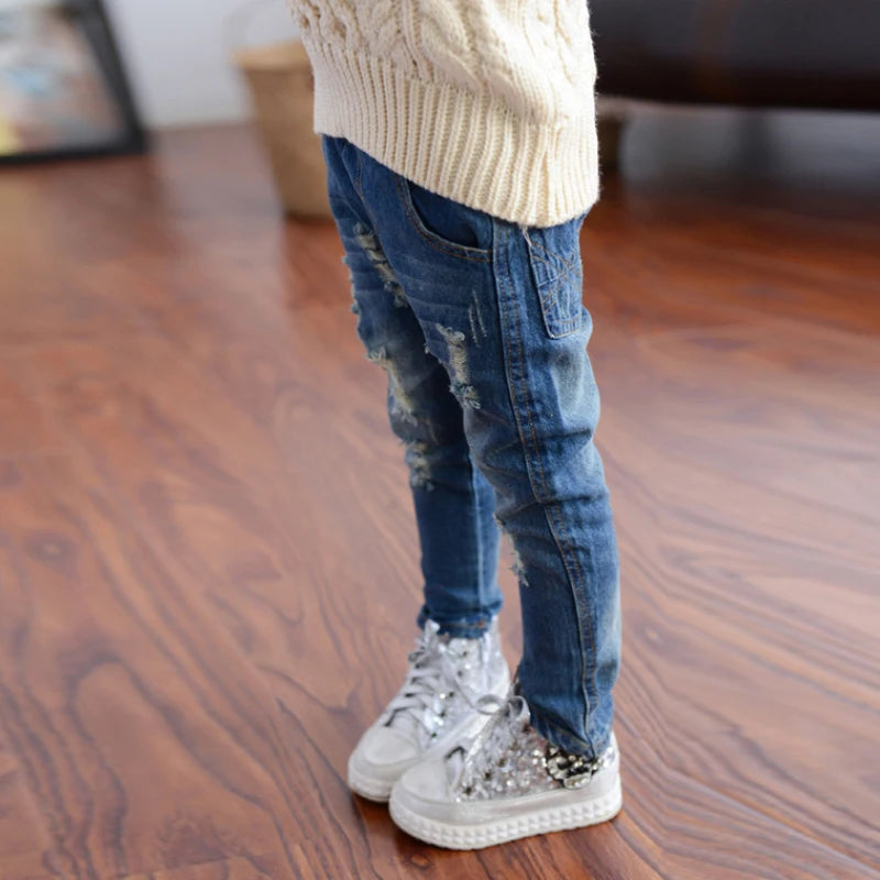 Casual High Waist Elastic Denim Pants for Girls