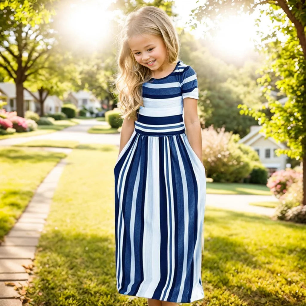 Striped Print Design Casual Summer Long Dress For Baby Girls childrensterritory