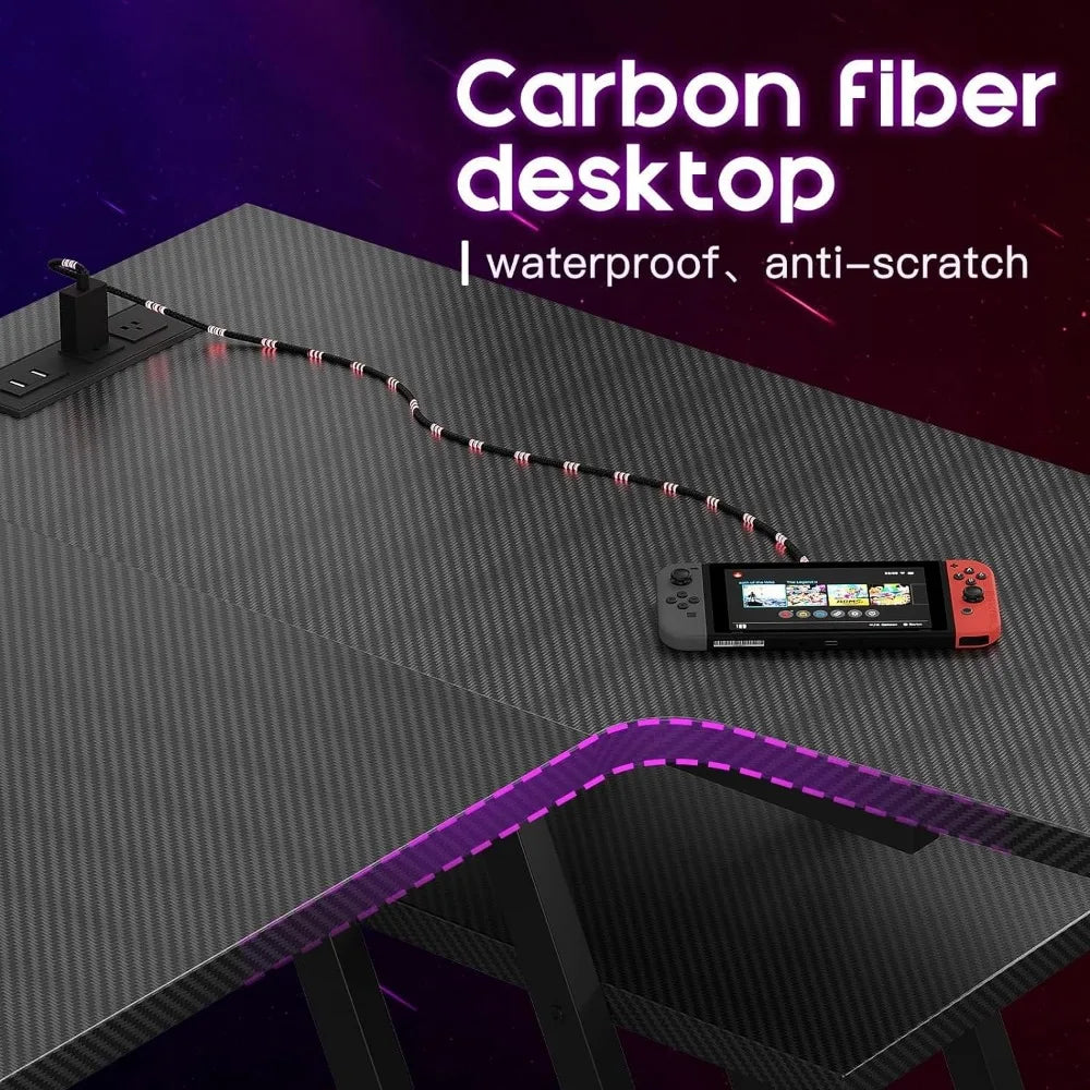 L-shaped Gaming Table with LED Lights and Storage Shelf childrensterritory