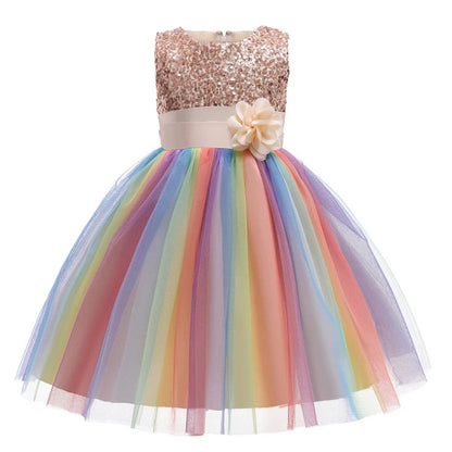 Girls Sleeveless Sequins Flower Rainbow Design Summer Dresses childrensterritory