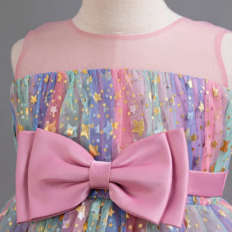 Kids Girls Star Sequin Colorful Bow Splicing Princess Dresses