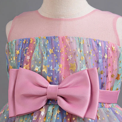 Kids Girls Star Sequin Colorful Bow Splicing Princess Dresses