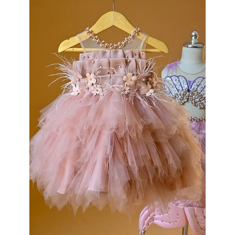 Little Girls Flower Beaded Mesh Puffy Princess Dress childrensterritory