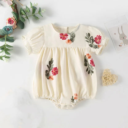 Baby Girl Floral Puff Sleeve Embroidered Bodysuit Sets