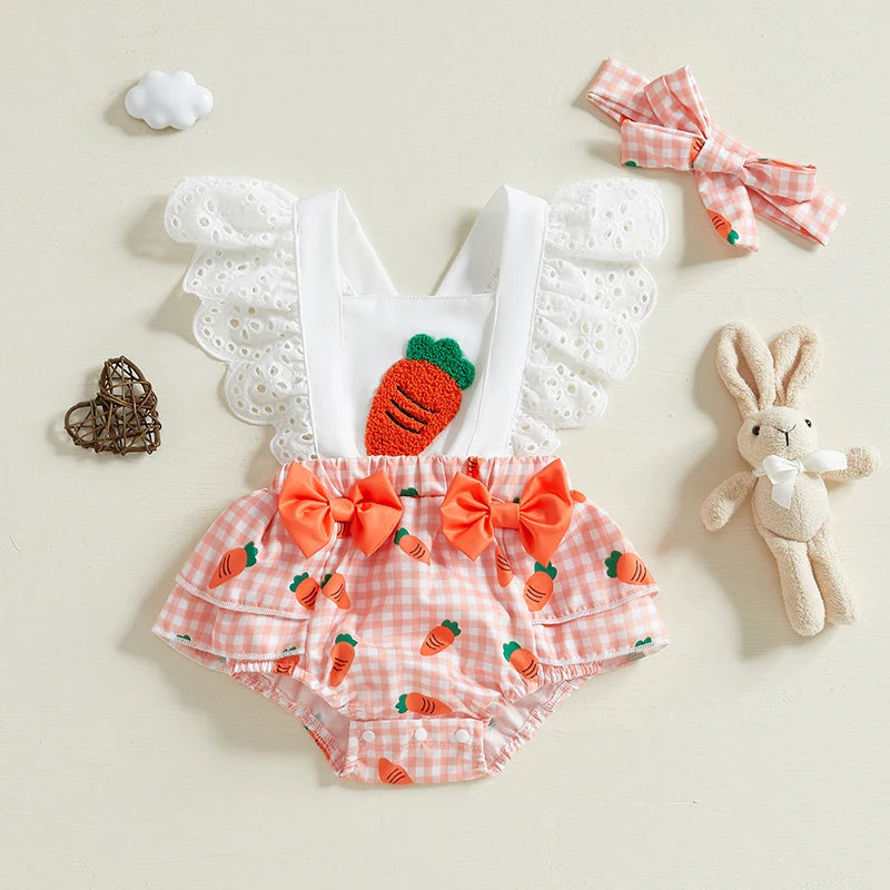 Baby Girl Square Neck Carrot Print Bodysuit with Headband