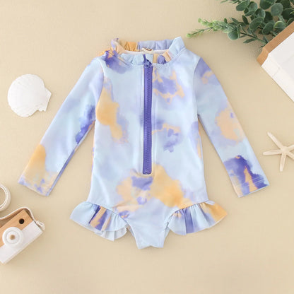 Tie-Dye Ruffles Kids Girls Zipper Beachwear Swimwear