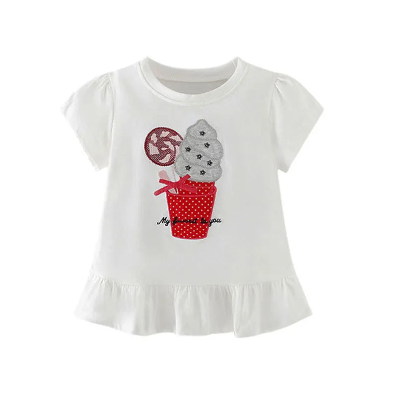 Cartoon Embroidery Short Sleeves Summer Tops for Kids Girls