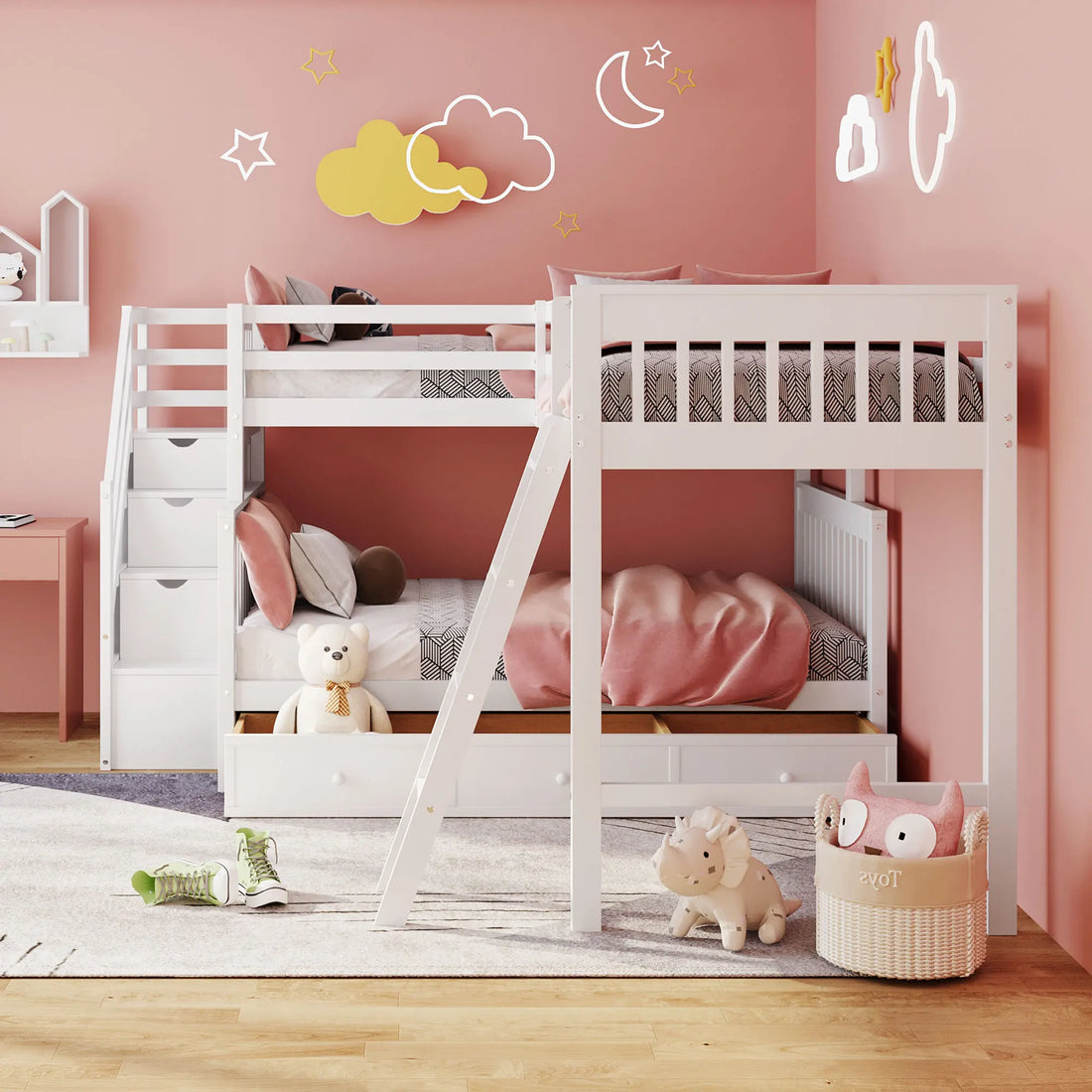 L-shaped Full Bunk Bed with Three Drawers and a Staircase childrensterritory