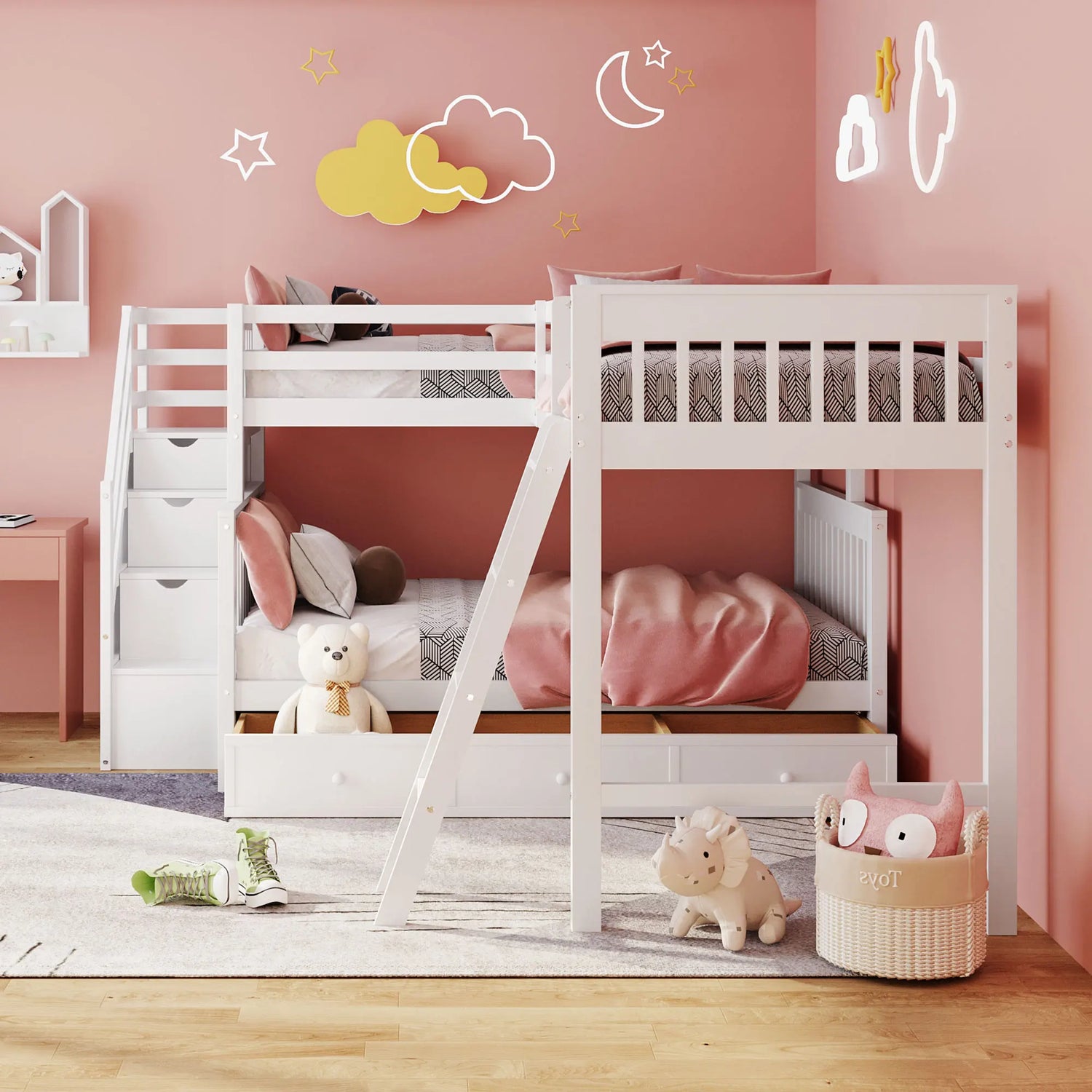 L-shaped Full Bunk Bed with Three Drawers and a Staircase childrensterritory
