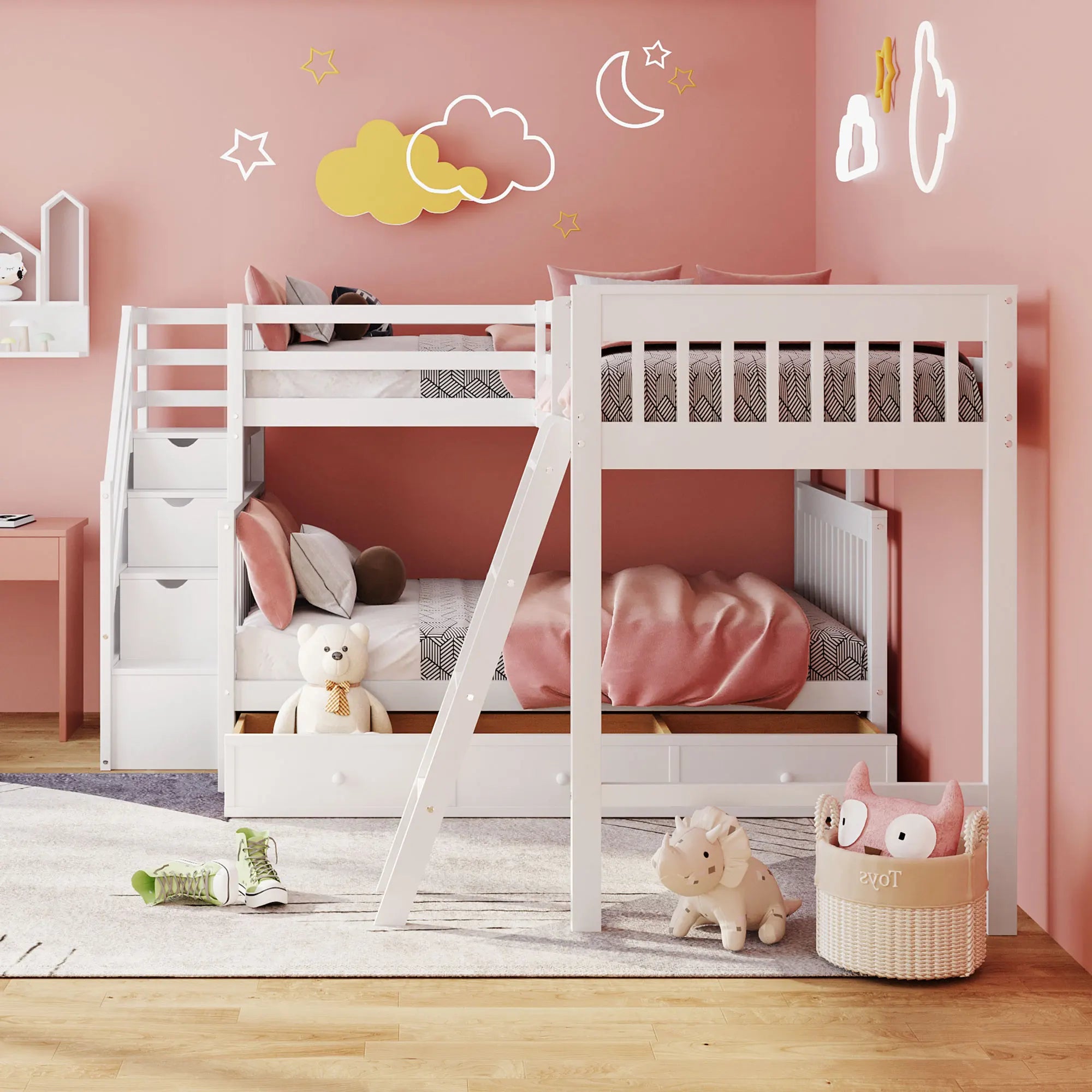 L-shaped Full Bunk Bed with Three Drawers and a Staircase childrensterritory