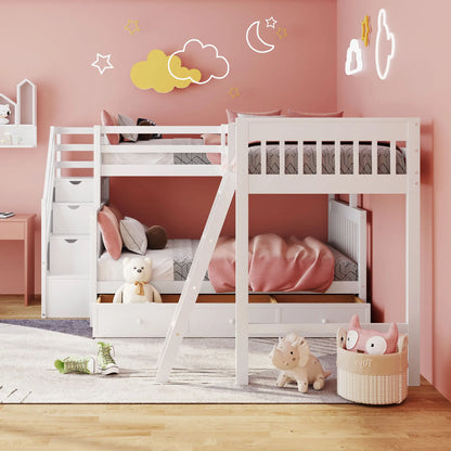 L-shaped Full Bunk Bed with Three Drawers and a Staircase childrensterritory