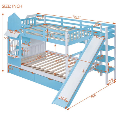 Full-Over-Full Castle Bunk Bed with Slide, Shelves, and Drawers childrensterritory