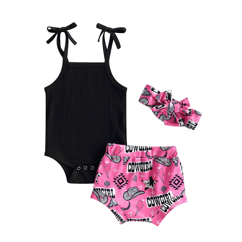 Baby Girl Sleeveless Romper and Print Shorts Set
