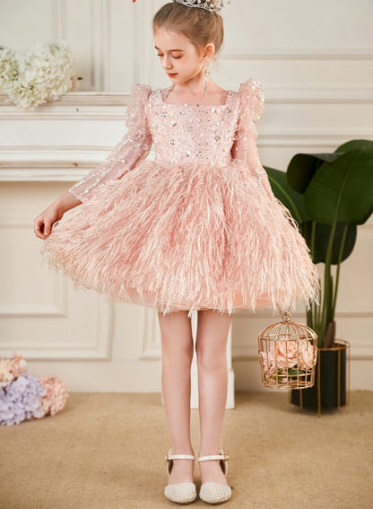 Fluffy Shiny Feather Princess Birthday Party Dresses for Girls childrensterritory