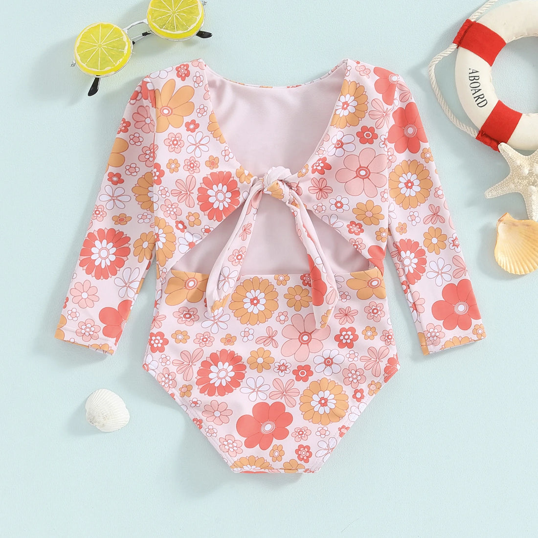Little Girls Flower Print Long Sleeve Backless Tie-Up Swimsuit