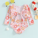 Little Girls Flower Print Long Sleeve Backless Tie-Up Swimsuit