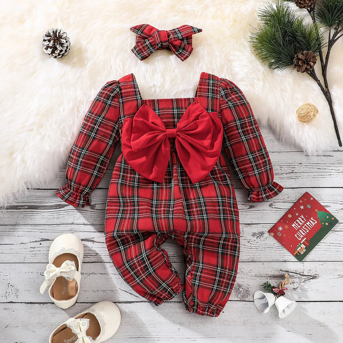 Baby Girls Long Sleeves Plaid Jumpsuit for New Year