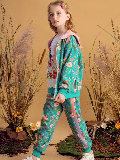 Floral Print Hooded Long Sleeve Jacket For Girls childrensterritory