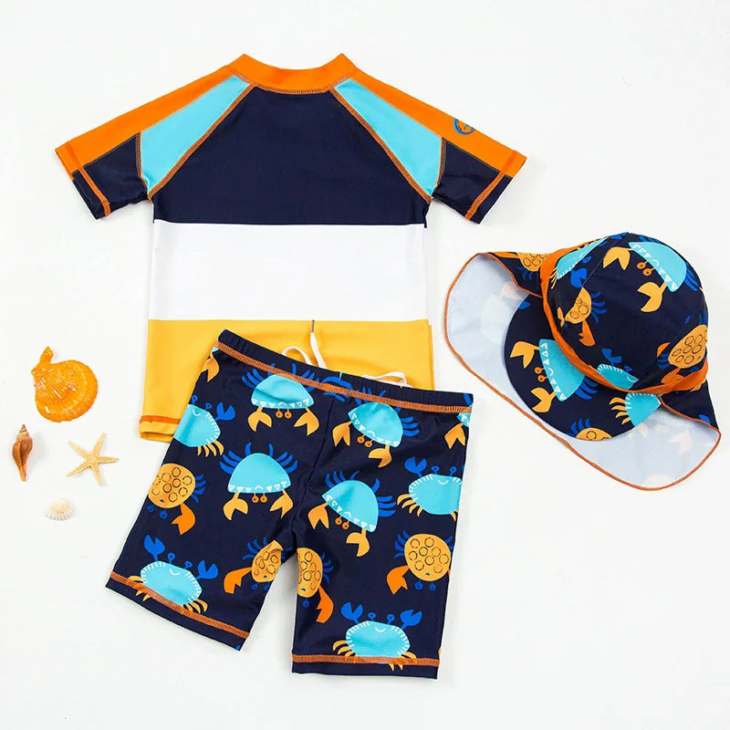 Cartoon Print Short Sleeve 3pcs Swimwear with Hat for Little Boys