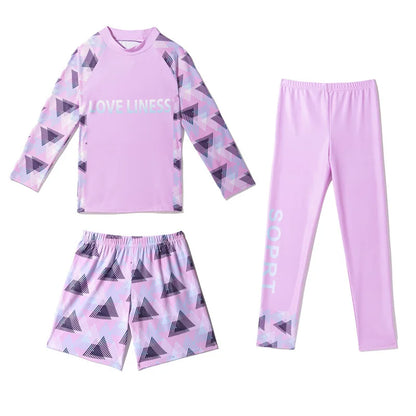 Long Sleeve Printed Sun Protection Kids 3 Piece Swimsuit