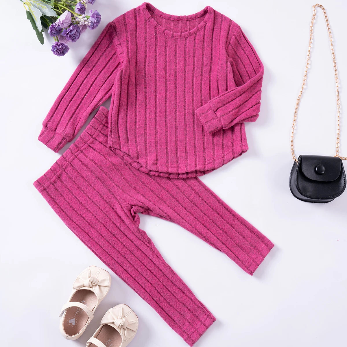Solid Color Long-sleeved Casual Top and Pants Set for Little Girls