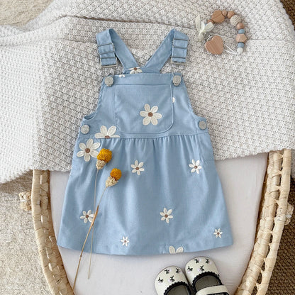 Girls Sleeveless Floral Embroidered Summer Strappy Dresses