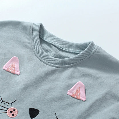 Kids Girls Lovely Cartoon Cat Print T-Shirts + Pants Clothing Sets childrensterritory