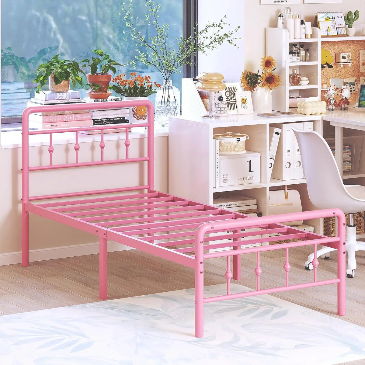 Twin Size Pink Metal Bed Frame with Headboard