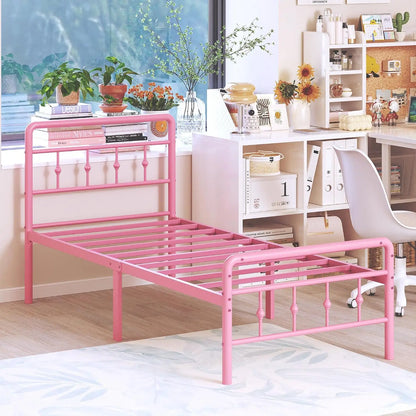 Twin Size Pink Metal Bed Frame with Headboard