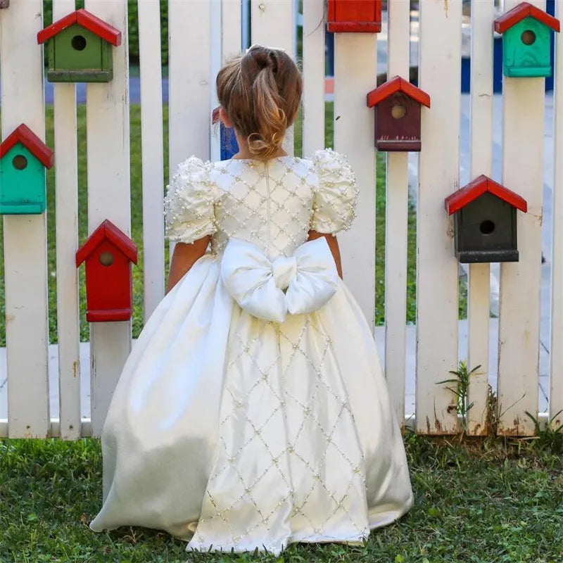 White Satin Pretty Princess High Waist Bridesmaid Gowns for Girls childrensterritory