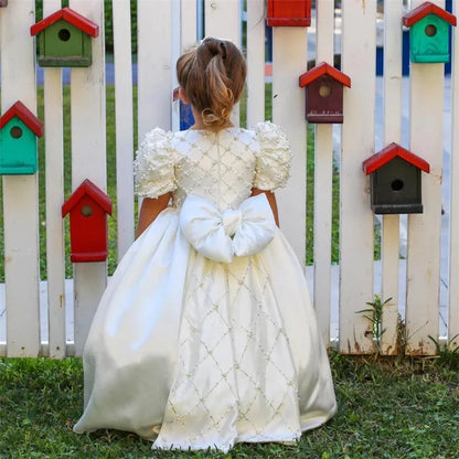 White Satin Pretty Princess High Waist Bridesmaid Gowns for Girls childrensterritory