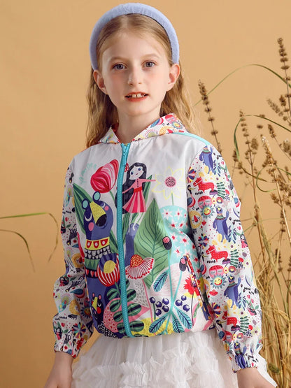 Kids Girl Printed Hooded Jacket and Elastic Waist Pant Set childrensterritory