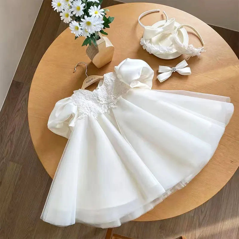 Sleeveless Bow Design Solid Lace Party Dresses For Girls childrensterritory
