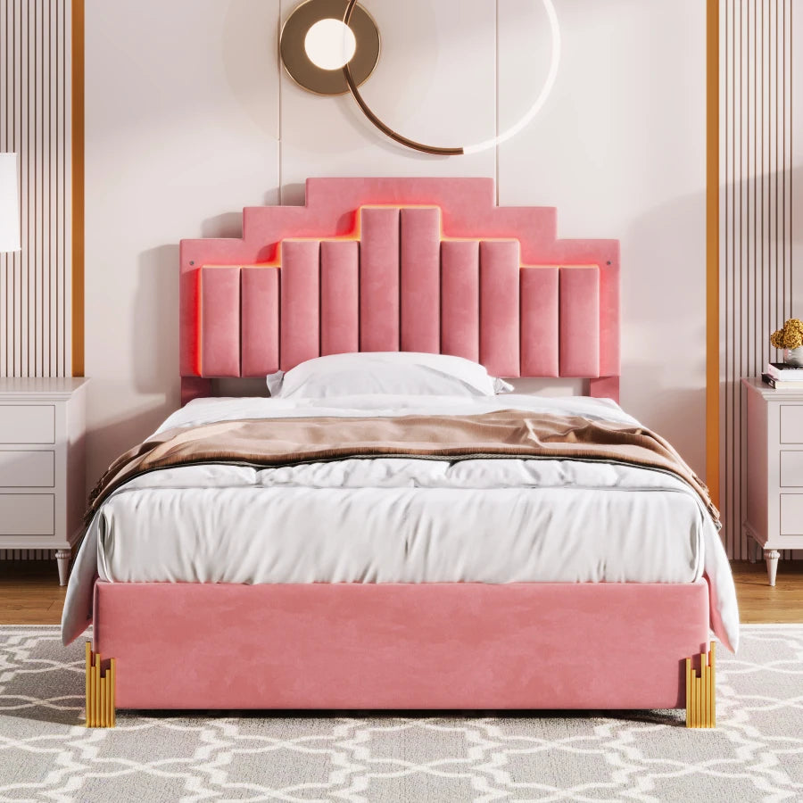 Full-size Platform Bed with Upholstery, Four Drawers, and LED Lights childrensterritory