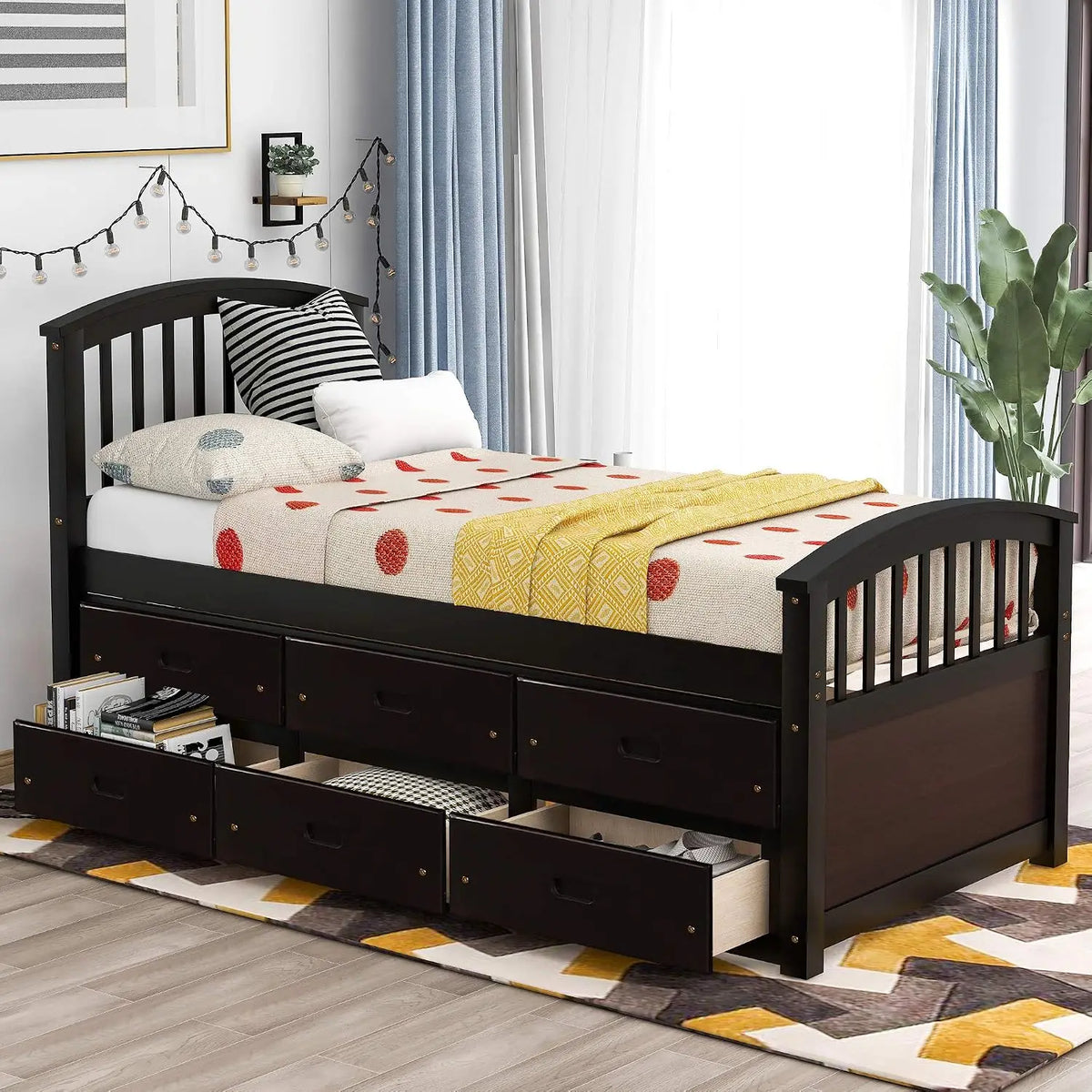 A Twin-Sized Wooden Platform Bed with Six Drawers for Storage
