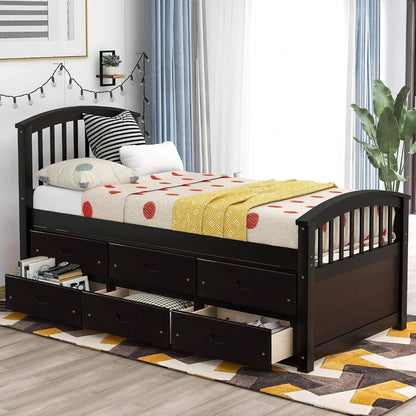 A Twin-Sized Wooden Platform Bed with Six Drawers for Storage