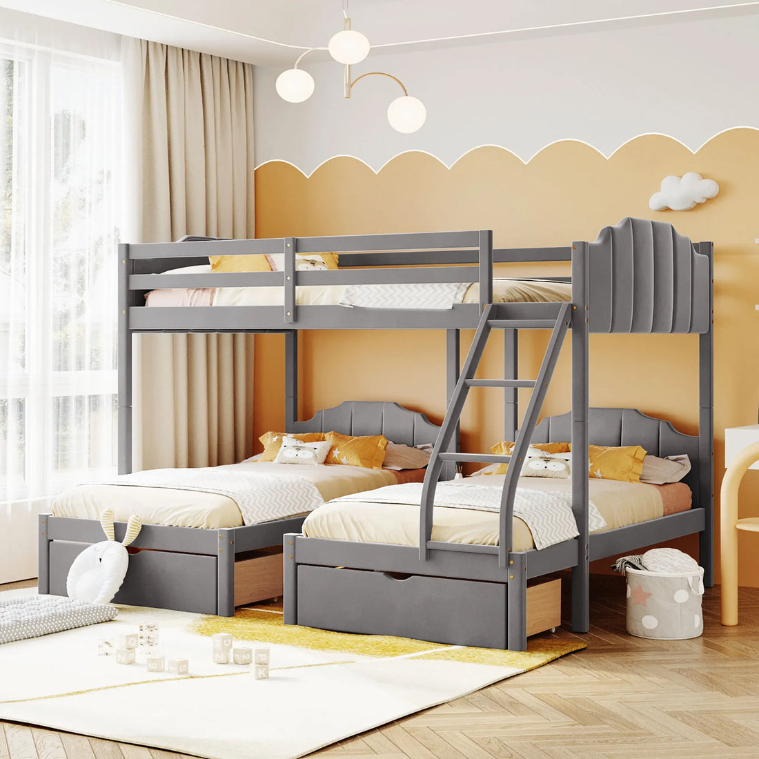 Full Over Triple Bunk Bed with Drawers and Guardrails