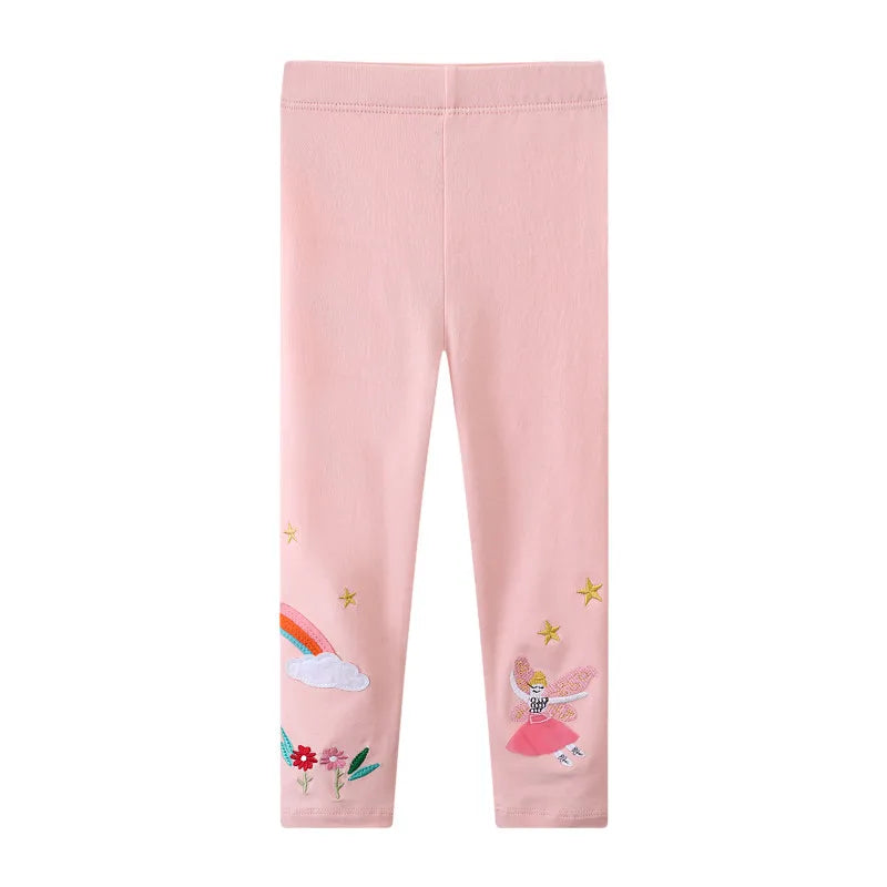 Rainbow Flower Print Cotton Pink Leggings For Kids Girls childrensterritory