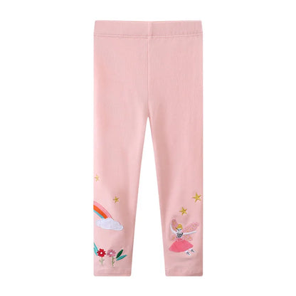 Rainbow Flower Print Cotton Pink Leggings For Kids Girls childrensterritory