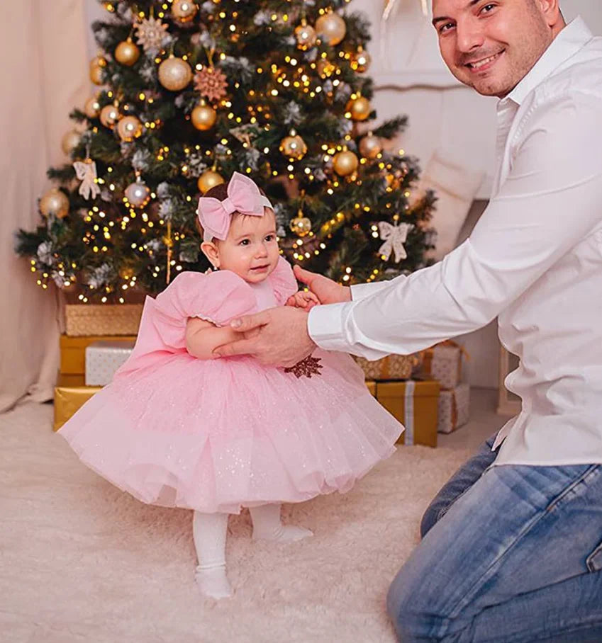 Little Girls Puffy Pink Big Bow Design Christening Dress
