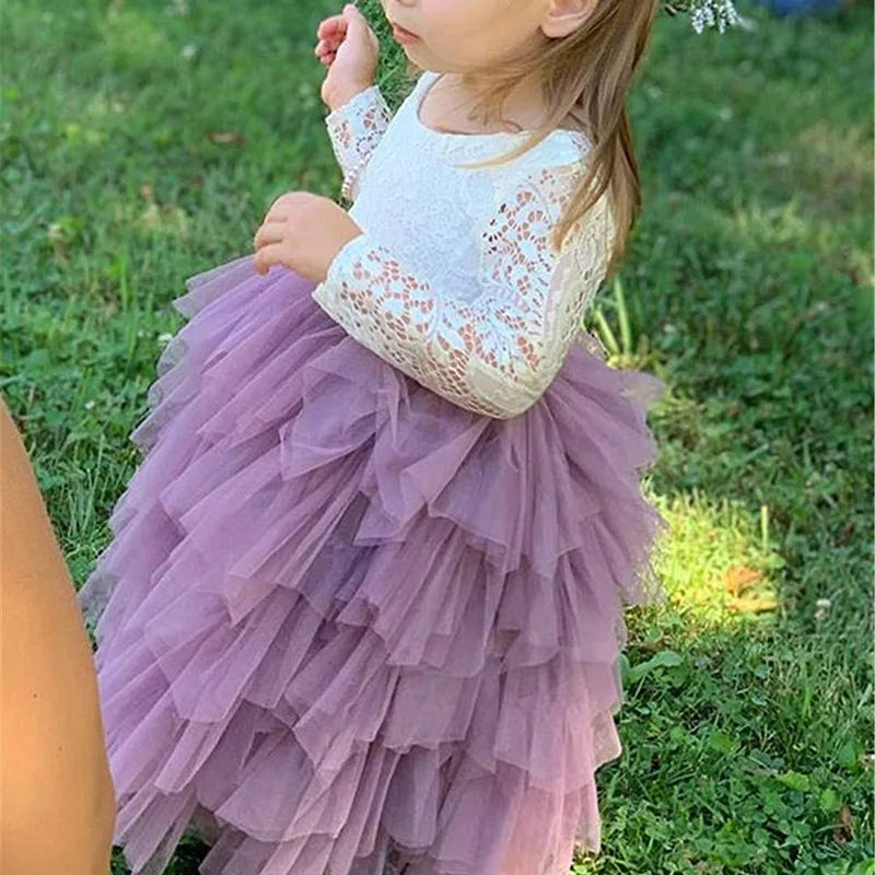 Kids Girls Lace Flower Design Layered Birthday Party Dress