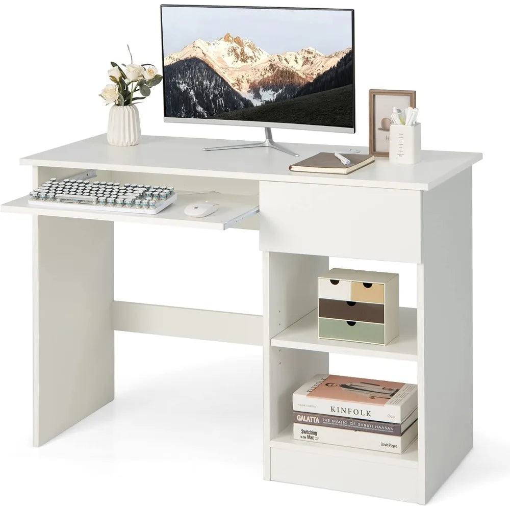 Adjustable Wooden White Computer Desk with Drawers