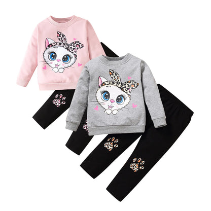 Big-eyed Cat Kids Girls Casual Clothing Set for Autumn
