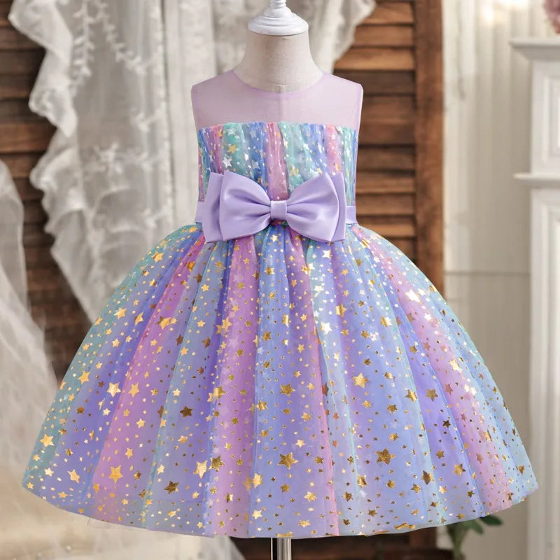 Kids Girls Star Sequin Colorful Bow Splicing Princess Dresses